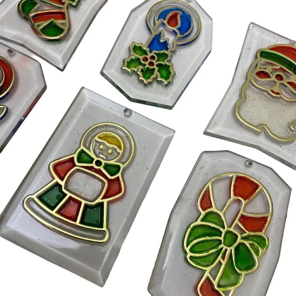 Vintage Christmas Ornaments Set of 9 Clear Plastic Retro Suncatchers